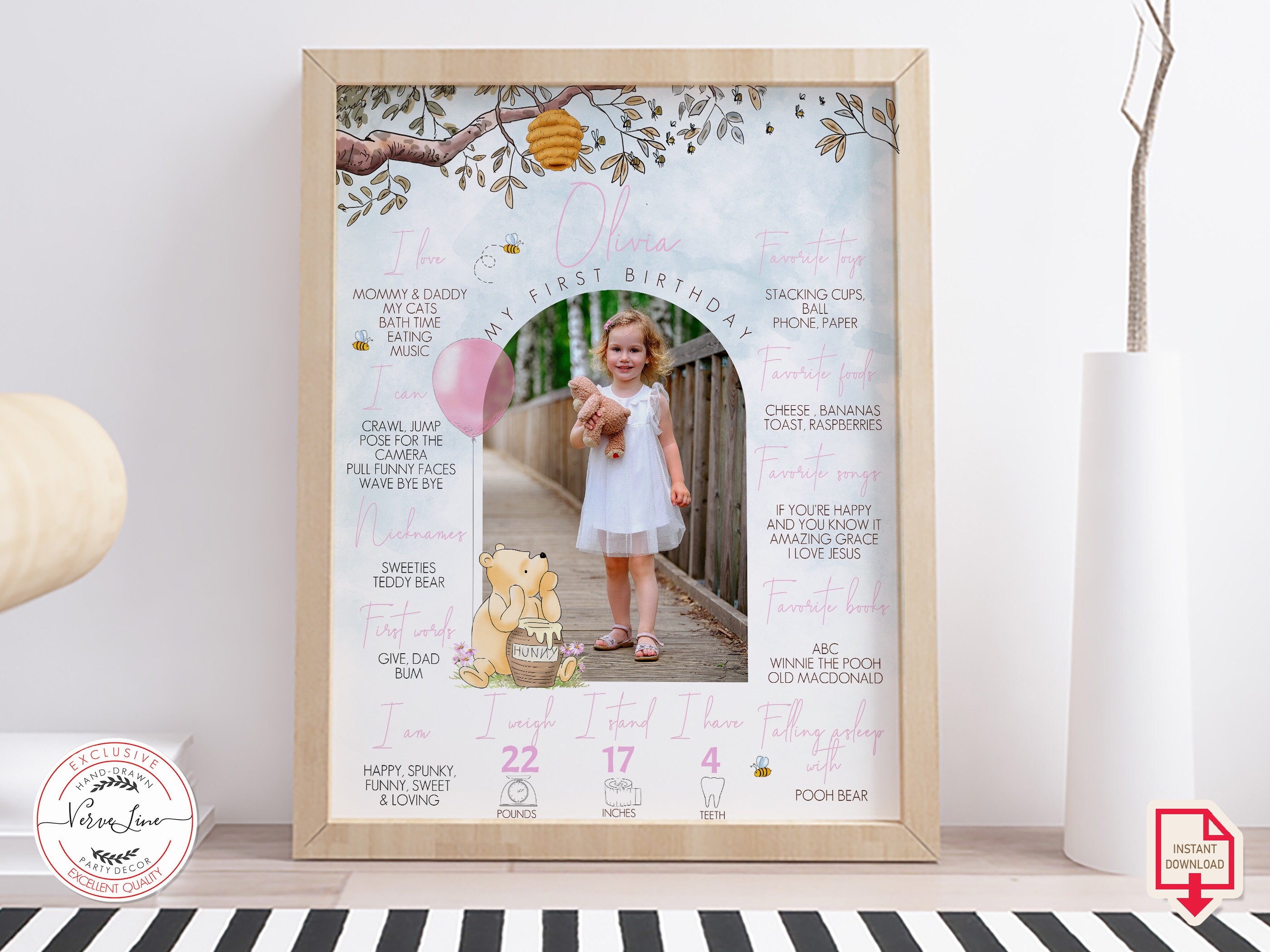 Editable Milestone Board Classic Winnie the Pooh 1st Birthday Girl ...