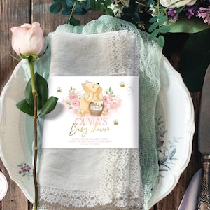 Etichette per portatovaglioli Winnie The Pooh classiche modificabili Baby Shower, Pooh Bear Fiori rosa Rose Design Download immediato 0001.9
