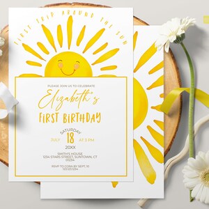 Invito modificabile 1° compleanno ragazzo ragazza primo viaggio intorno al sole compleanno boho acquerello disegnato a mano modello di design Corjl 0031