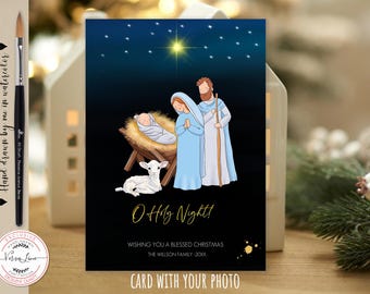 Editable Christmas Photo overlay Card with your Photo O Holy Night! Bible Verse Christian Holiday Card Gold splash 0023