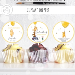 Classic Winnie the Pooh Birthday Set of 3 Editable Cupcake Toppers Hive Yellow Design ANY AGE Boy Girl Birthday Digital 0001 WHY