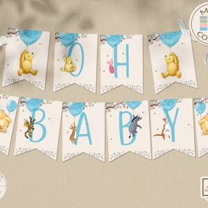 Vintage Winnie the Pooh Baby Shower Editable Banner &quot;OH BABY&quot; Boy Girl Any text Pooh Balloon Bunting Garland Decorations Sweet Design 0001S