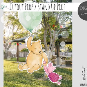 Cutout Decor Baby Shower Birthday Party Winnie and Piglet in pink with a Sage Green Balloon Cutout Prop/Stand Up Prop DIGITAL DOWNLOAD 0001