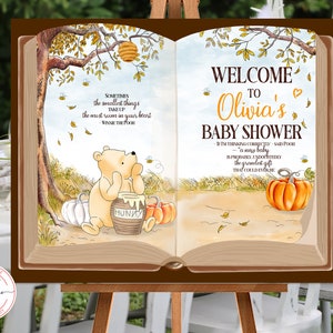 Editable Welcome sign Classic Winnie the Pooh Open Book Baby Shower Birthday Boy Girl Fall Hundred Acre Wood Autumn Template 0001.11