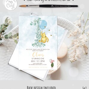 Invitation modifiable classique Winnie l'ourson, cent acres en bois, 1er anniversaire de garçon, conception d'eucalyptus bleu, modèle de ballon Corjl 0001 EB1