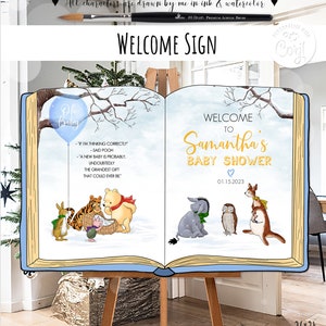 Editable Welcome sign Classic Winnie the Pooh Open Book Winter Baby Shower Boy Winter Hundred Acre Wood Design 36x24 Template#36B 0001.15