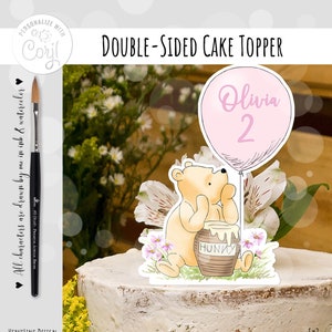 Editable Cake Topper Classic Winnie the Pooh with Pink balloon Birthday Girl ANY Age Party Decor Centerpiece, Sublimation PNG 0001 BG