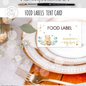 Etichetta alimentare Winnie the Pooh Scheda da tavolo Compleanno / Baby Shower Ramo di eucalipto Design Tenda Scheda Modello di scheda piatta Corjl 0001 EB1