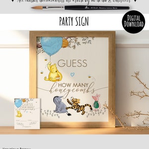 Classic Winnie the Pooh Baby Shower Game Sign Guess how many Honeycombs Party Table Sign with cards Pooh Blue Balloon Sweet Design 0001S
