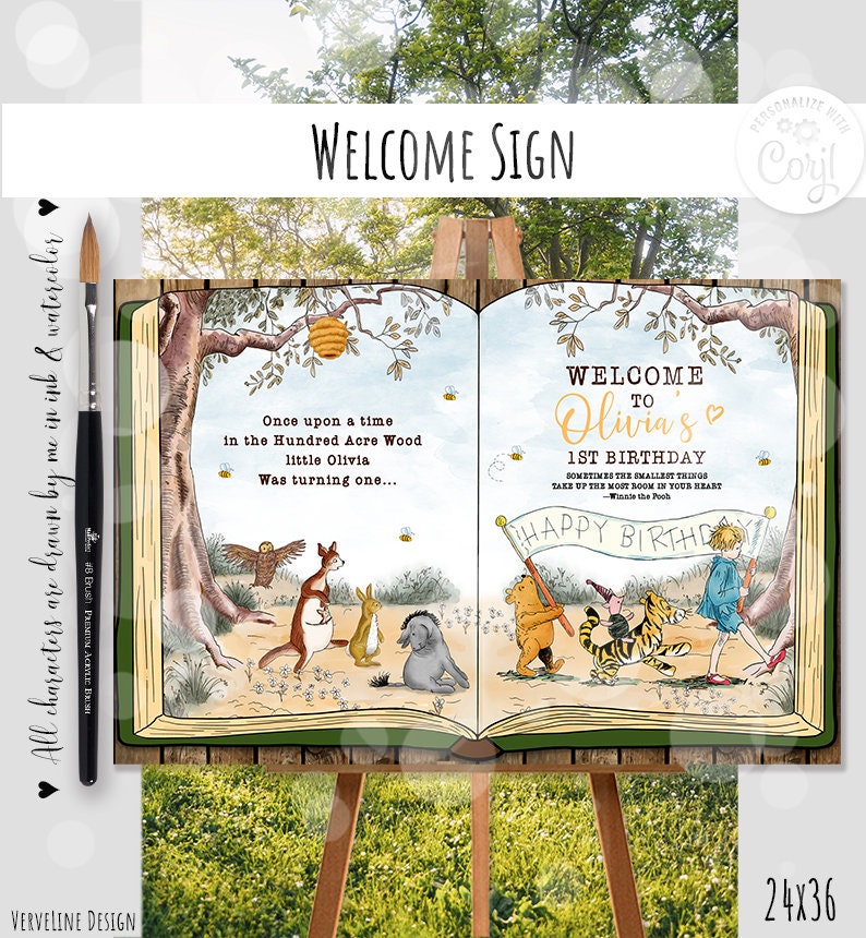 K&ouml;nnte beinhalten: Ein Willkommens-Schild zum 1. Geburtstag im Winnie Puuh-Stil. Das Schild zeigt ein Buch mit Illustrationen von Winnie Puuh und seinen Freunden. Der Text auf dem Schild lautet: "Willkommen zu Olivias 1. Geburtstag. Manchmal nehmen die kleinsten Dinge den meisten Platz in deinem Herzen ein - Winnie Puuh. Alles Gute zum Geburtstag".