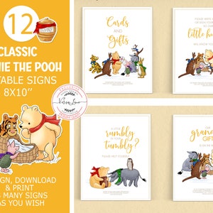 Set of 12 Editable Signs in Classic Winnie the Pooh style for Winter Boy Girl Baby Shower | Table Signs Winter Design Bundle | 0001.15