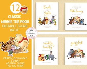 Set di 12 cartelli modificabili in classico stile Winnie the Pooh per baby shower invernale per bambino/bambina / Cartelli da tavolo con design invernale / Pacchetto 0001.15