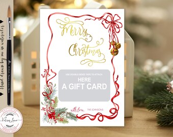 Editable Christmas Holiday Gift Card Holder Hand drawn Art Merry Christmas Card with your Gift Card Watercolor Red ribbon Bow Mistletoe 0024