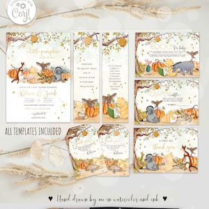 Ensemble classique modifiable pour baby shower Winnie l'ourson n° 17 : invitation, carte de remerciement, tombola de couches, demande de livre, 2 signets automne 0001.11