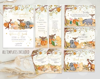 Editable Classic Winnie the Pooh  Baby Shower Bundle Set#17: Invitation,Thank You Card,Diaper Raffle,Book Request,2 Bookmarks Autumn 0001HAW