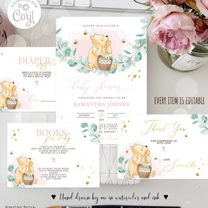 Set di pacchetti per baby shower Winnie the Pooh classico modificabile n. 14B Invito Biglietto di ringraziamento Lotteria pannolini Richiesta libro Eucalyptus Gold 0001 EB1