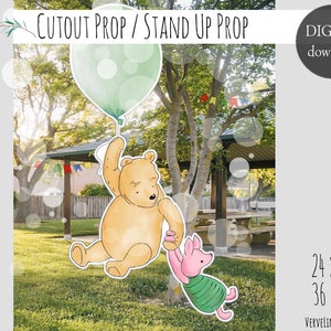 Cutout Decor Baby Shower Birthday Party Winnie and Piglet in green with a Sage Green Balloon Cutout Prop/Stand Up Prop DIGITAL DOWNLOAD 0001
