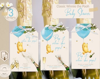 Pop It When She Pops Tags Winnie the Pooh Themed Baby Shower Editable Bottle Label Favor Wine Bottle Champagne Blue 3 sweet designs 0001S