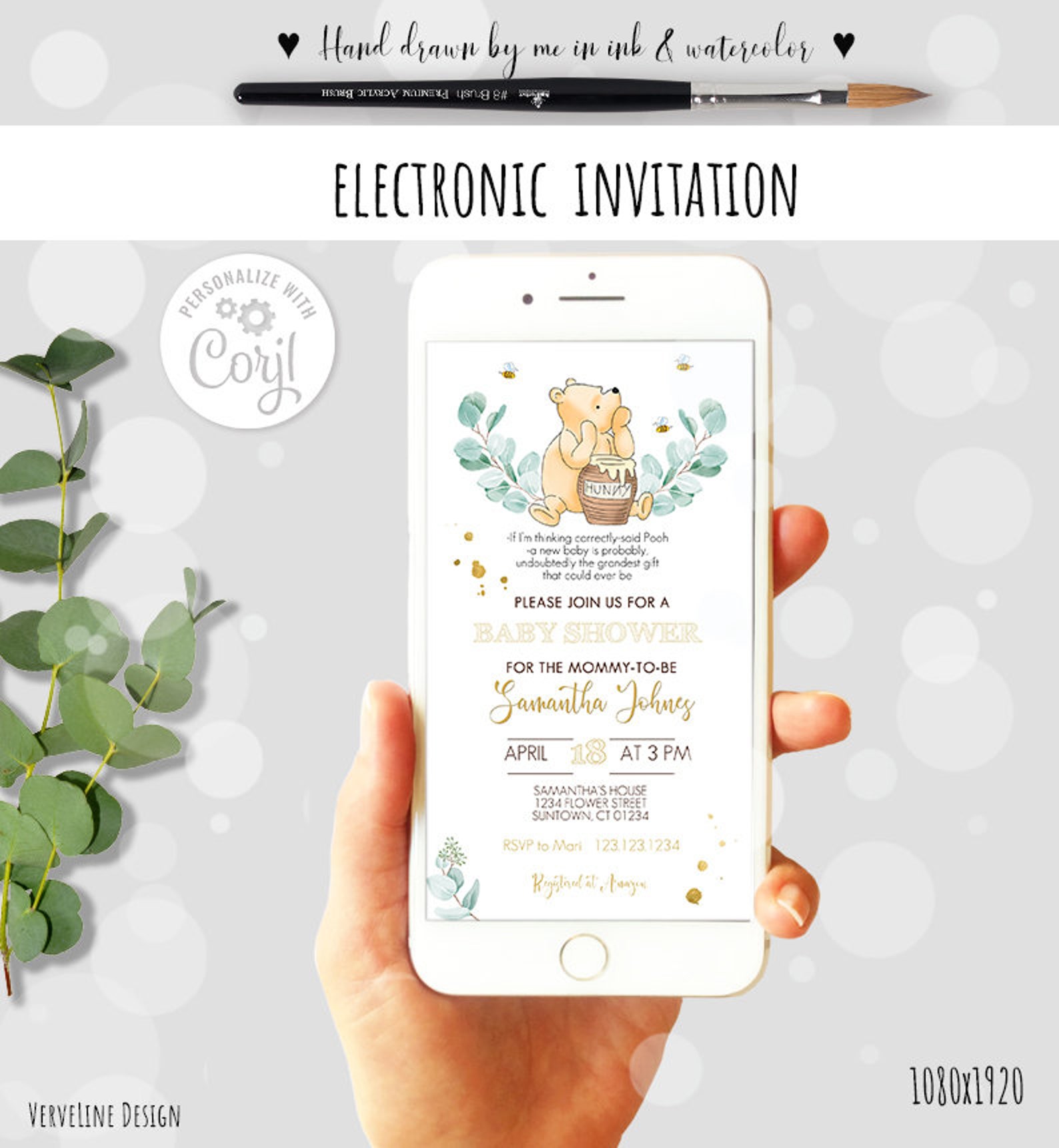 Editable Classic Winnie the Pooh Baby Shower Evite Electronic Etsy