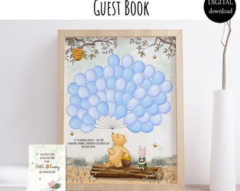 Alternative Guest Book Classic Winnie the Pooh Baby Shower Party with 50 Blue Balloons Signature Poster Digital Download 0001 HAW