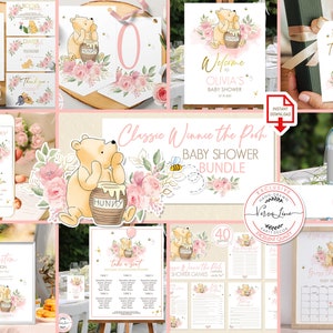 Pacchetto modificabile con set per baby shower a tema Winnie: invito, benvenuto, decorazione, giochi, cartelli e altro! Design con fiori rosa, classico orsetto Winnie the Pooh 0001.9