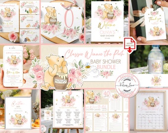 Editable Bundle Winnie-themed Baby Shower Set:Invitation Welcome Decoration Games Signs and More!Pink Flower Design Classic Pooh Bear 0001.9