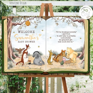 Op de afbeelding: Een welkomstbord voor een babyborrel met Winnie de Poeh-thema, met een groen en bruin boekontwerp. Het bord bevat de tekst "Welkom op Samantha's Babyborrel" en een citaat van Winnie de Poeh: "Als ik het goed heb - zei Winnie - is een nieuwe baby waarschijnlijk, zonder twijfel het mooiste cadeau dat je je kunt voorstellen."