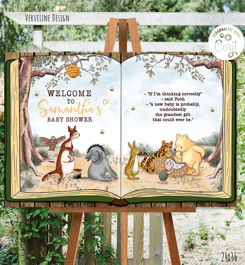 Op de afbeelding: Een welkomstbord voor een babyborrel met Winnie de Poeh-thema, met een groen en bruin boekontwerp. Het bord bevat de tekst "Welkom op Samantha's Babyborrel" en een citaat van Winnie de Poeh: "Als ik het goed heb - zei Winnie - is een nieuwe baby waarschijnlijk, zonder twijfel het mooiste cadeau dat je je kunt voorstellen."