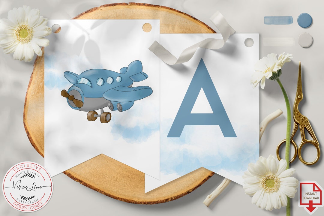 Editable Airplane Birthday Banner for a Boy | ANY MESSAGE Blue Plane ...