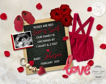 Editable Pregnancy announcement  for Social Media, Valentine's Baby Announcement Roses are red Love is Sweet DIGITAL template Corjl