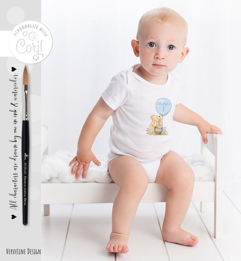May include: A white onesie with a blue balloon and a bear holding a jar of honey. The balloon has the number 1 and the text "Christopher" on it.