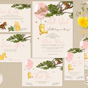 Baby Shower Bundle Set Classico Winnie the Pooh Modificabile: Invito, Biglietto di ringraziamento, Lotteria dei pannolini, Etichetta per la richiesta del libro Palloncino rosa Pooh 0001S