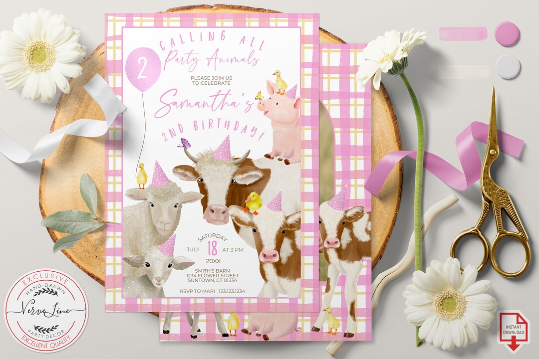 Editable Farm Birthday Girl ANY AGE Invitation Farm Animals Barnyard ...