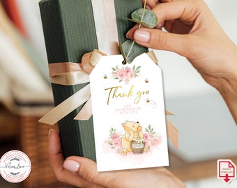 Etichette regalo personalizzabili Winnie the Pooh Compleanno / Baby Shower Etichetta di ringraziamento Bosco dei Cento Acri Vintage Orsetto Pooh Fiori Rosa Design 0001.9