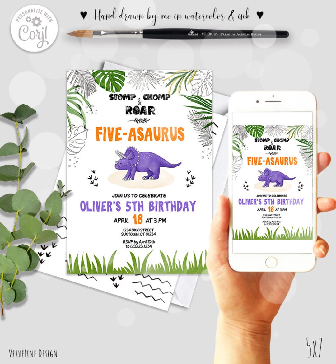 Carte d'invitation anniversaire enfant Dinosaures et guirlande - Fête