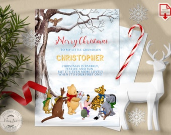 Editable First Christmas Holiday Classic Winnie the Pooh Christmas Card Editable Simple Holiday Card Template 0001.15