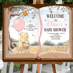 Cartello di benvenuto modificabile Classico Winnie the Pooh con vaso di miele Libro aperto Baby Shower Bambina Palloncino rosa Hundred Acre Wood Design 0001 HAW