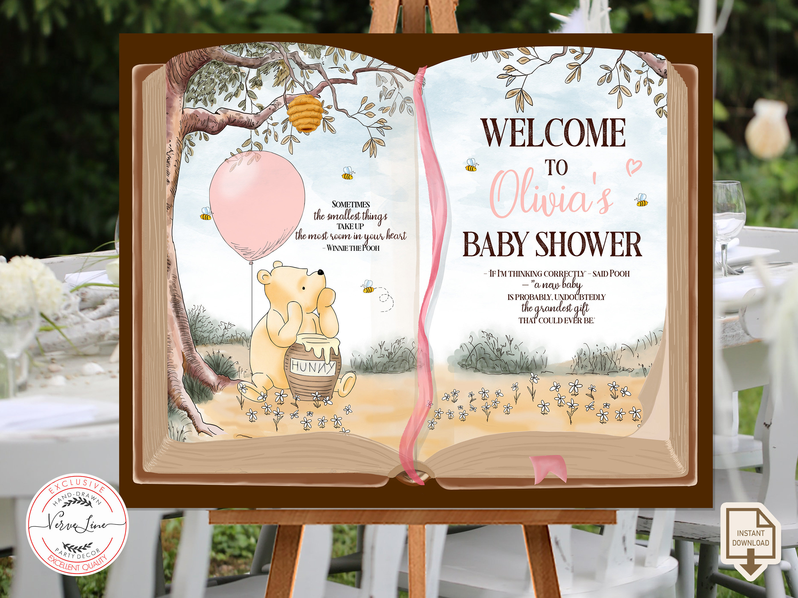 Editable Welcome sign Classic Winnie the Pooh with honey pot Open Book Baby Shower Girl Pink balloon Hundred Acre Wood Design 0001  HAW