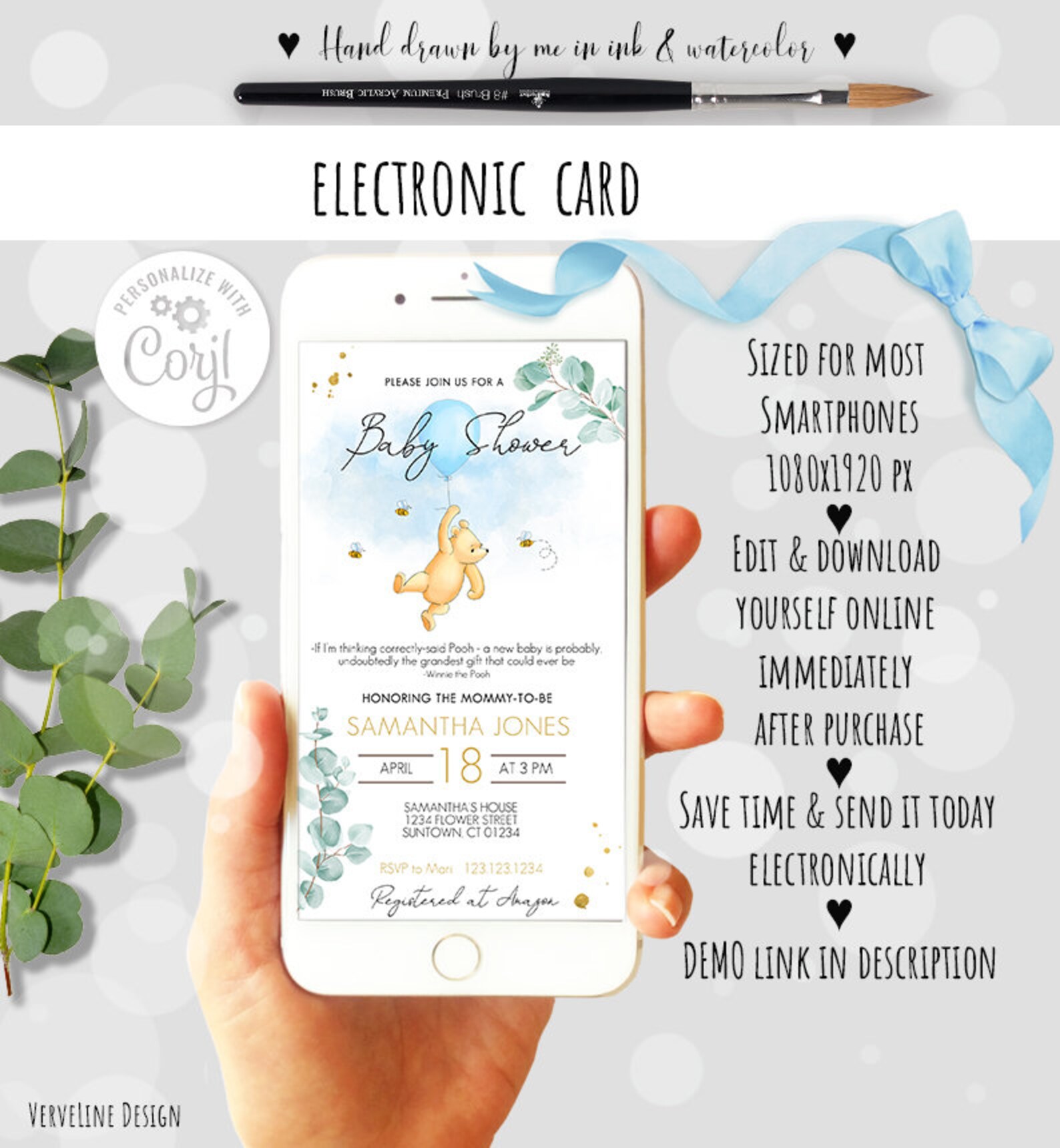 Editable Classic Winnie the Pooh Baby Shower Evite Electronic Etsy