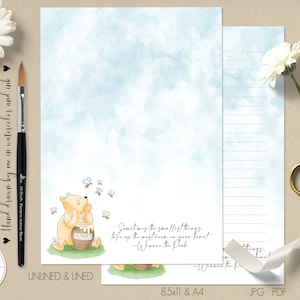 Classico Winnie the Pooh carta da lettere a righe, carta da lettere non a righe, carta da lettere stampabile, carta da lettere A4, US Letter 0001