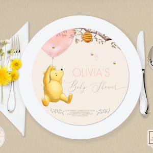Piatto di inserimento del caricabatteria modificabile Classico Winnie the Pooh Palloncino rosa Baby shower / Download immediato Decor Sweet Design 0001S