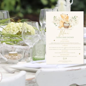 Klasyczna edytowalna karta menu Kubusia Puchatka Urodziny | Baby Shower Trochę pyszności dla Twojego brzuszka Białe kwiaty Róże Projekt 0001.18