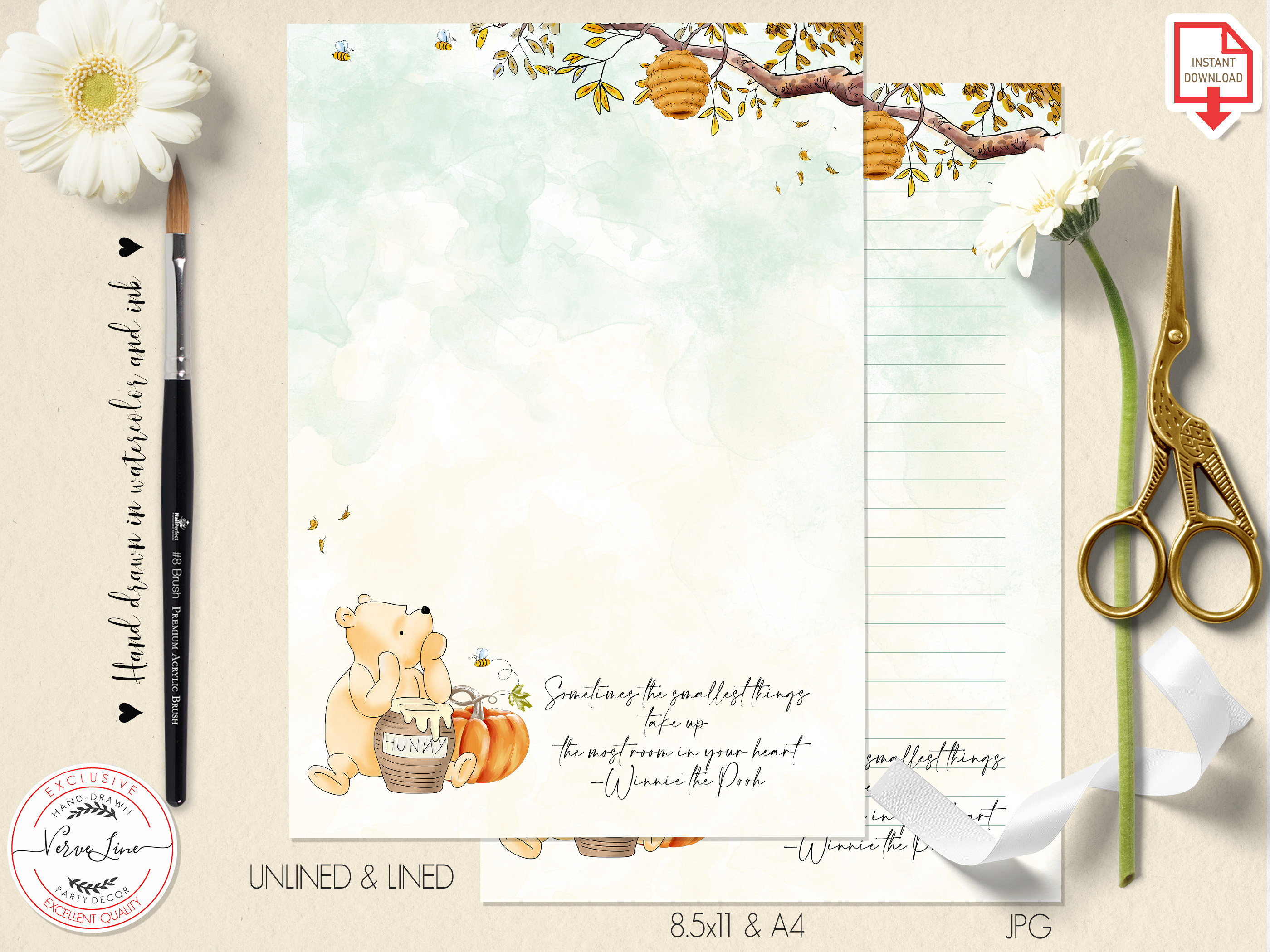 Classic Winnie the Pooh Autumn Printable Stationery Lined Unlined Paper ...