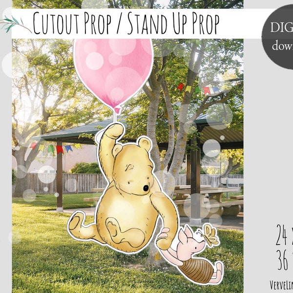 Cutout Prop | Stand Up Prop Decor Classic Vintage Winnie and Piglet with a Pink Balloon  Baby Shower | Birthday Party DIGITAL DOWNLOAD 0001