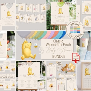 Lot modifiable pour baby shower sur le thème de Winnie : faire-part, décoration de bienvenue, panneaux, et plus encore ! Ourson classique au design doux 0001S
