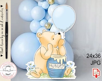 Cutout Decor Classic Winnie the Pooh with Blue Pot & Balloon Baby Shower | Birthday Party Cutout Prop | Stand Up Prop DIGITAL DOWNLOAD 0001