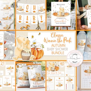 Editierbare Bündel Klassische Winnie Puuh Herbst Babyparty: Einladung Willkommen Dekoration Spiele Schilder und Mehr Herbst Kürbis Design 0001.11