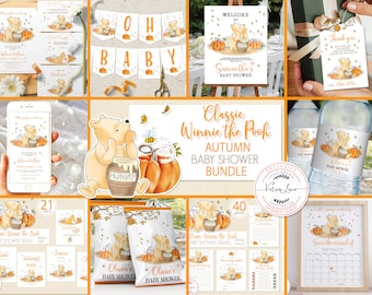 Editable Bundle Classic Winnie the Pooh Autumn Baby Shower: Invitation Welcome Decoration Games Signs and More Fall Pumpkin Design  0001.11