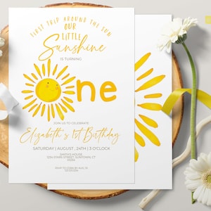 Invito modificabile 1° compleanno ragazzo ragazza primo viaggio intorno al sole compleanno boho acquerello disegnato a mano modello di design Corjl 0031