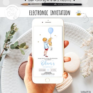 Editable Classic Winnie the Pooh Birthday Boy ANY Age Electronic Invitation Evite Minimalistic Design Christopher Robin 0001 HAW BB